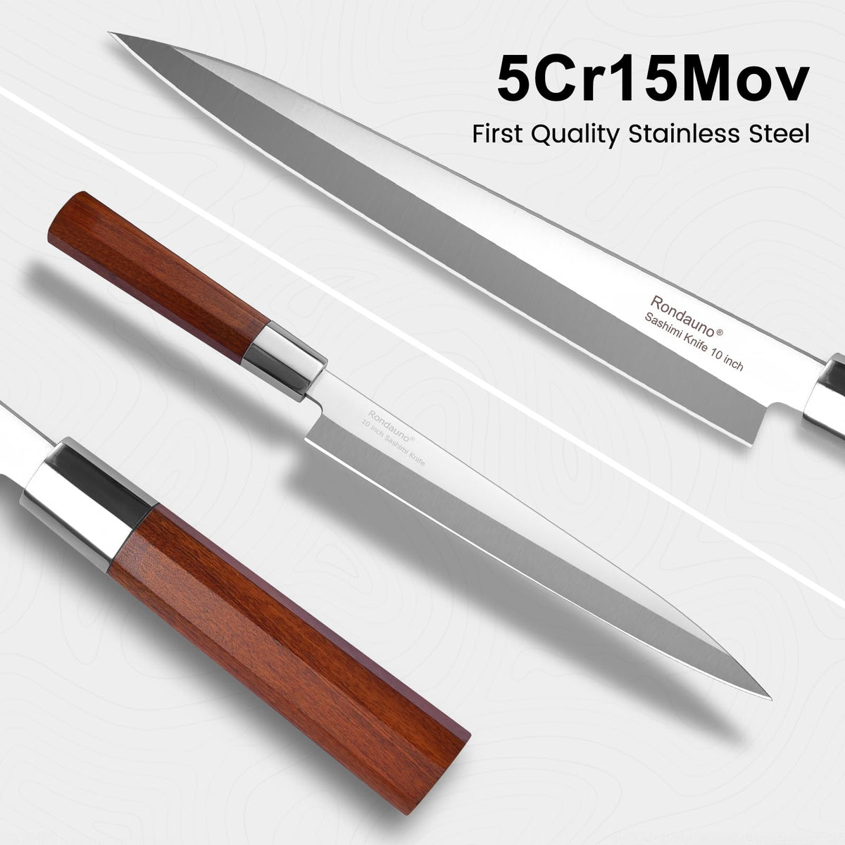 Rondauno sashimi knife full tang design ensures strong, durable performance.