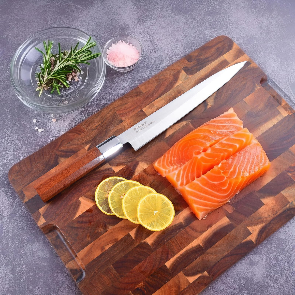 Rondauno sashimi knife slicing action demonstrates smooth, controlled cuts.