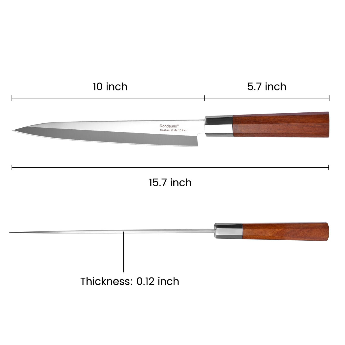 Rondauno sashimi knife wood handle provides comfortable, secure grip during extended prep.