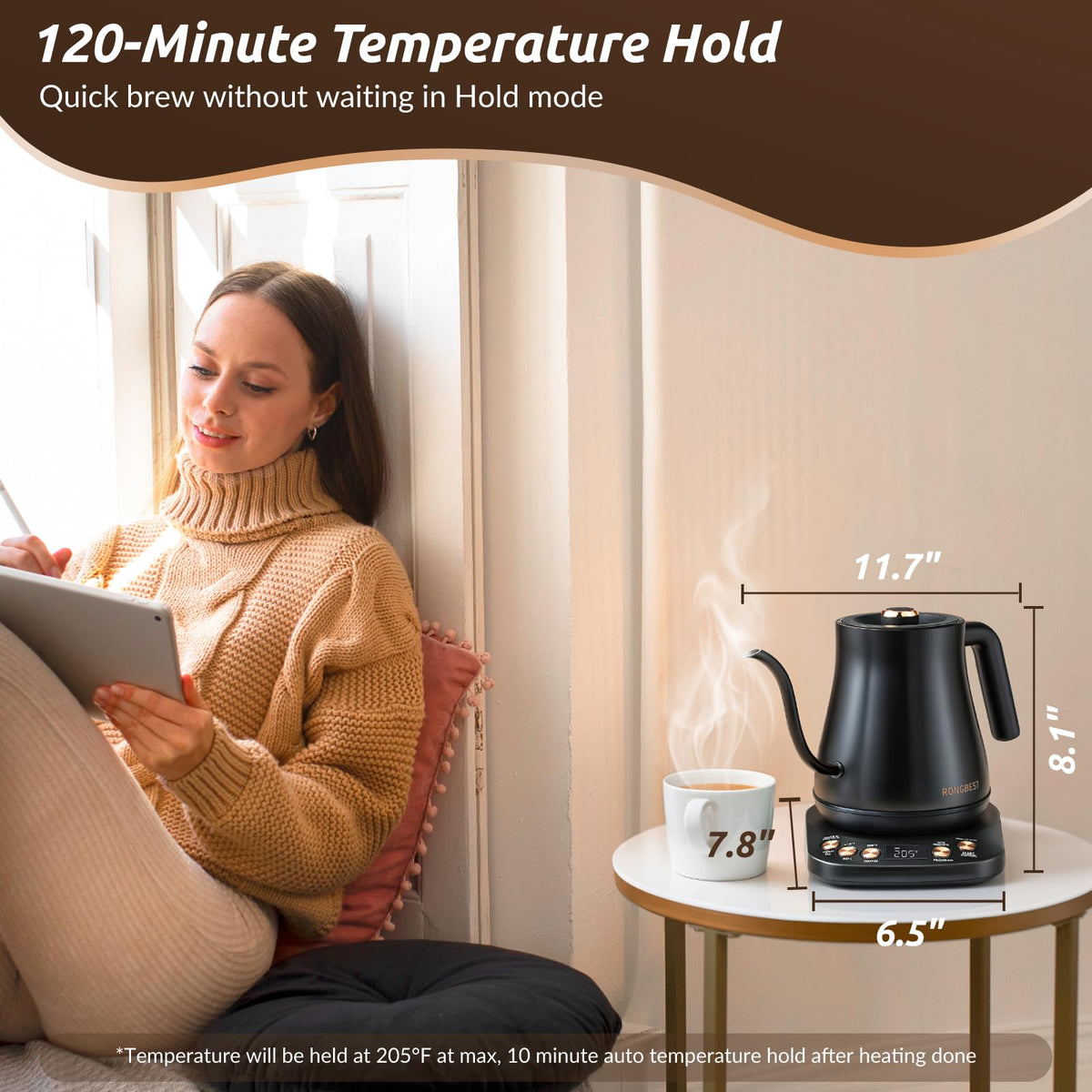 RONGBEST 1200W rapid heating for quick tea or coffee.