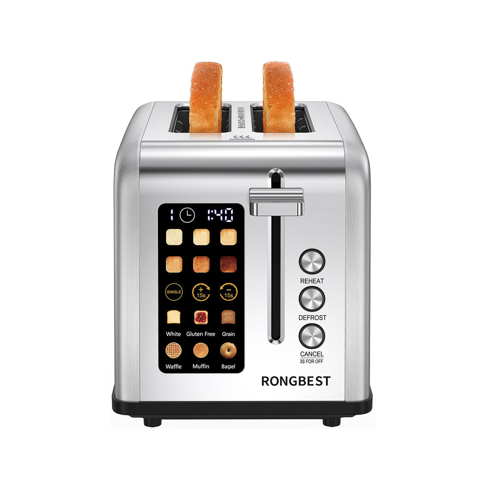 RONGBEST 2-slice touchscreen toaster front view, compact design for easy daily use.