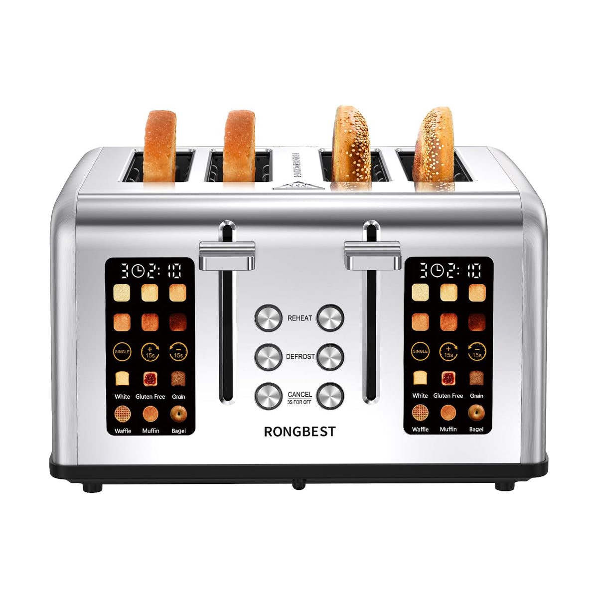 RONGBEST 4-Slice Toaster front view highlights durable stainless steel for everyday use.