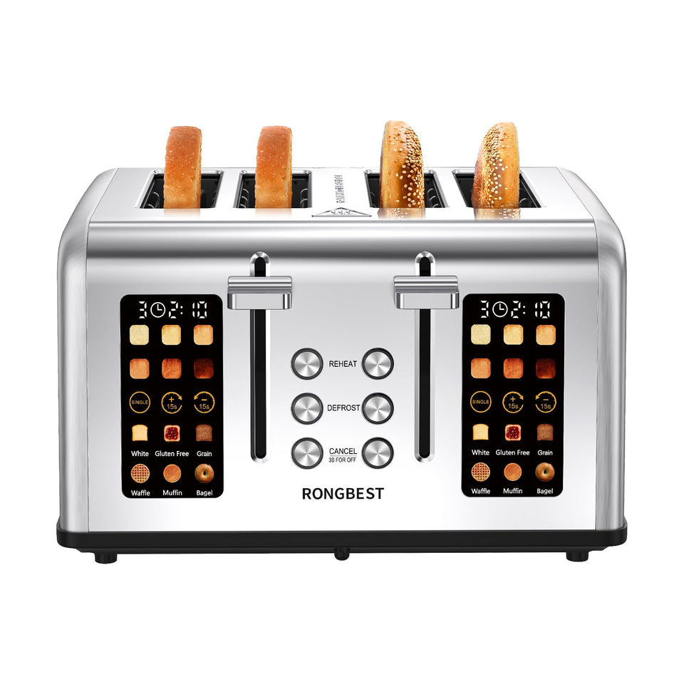 RONGBEST 4-Slice Toaster front view highlights durable stainless steel for everyday use.