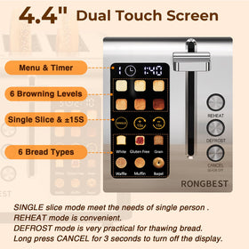 RONGBEST 4-Slice Toaster touchscreen closeup shows 4.4-inch display and intuitive controls.