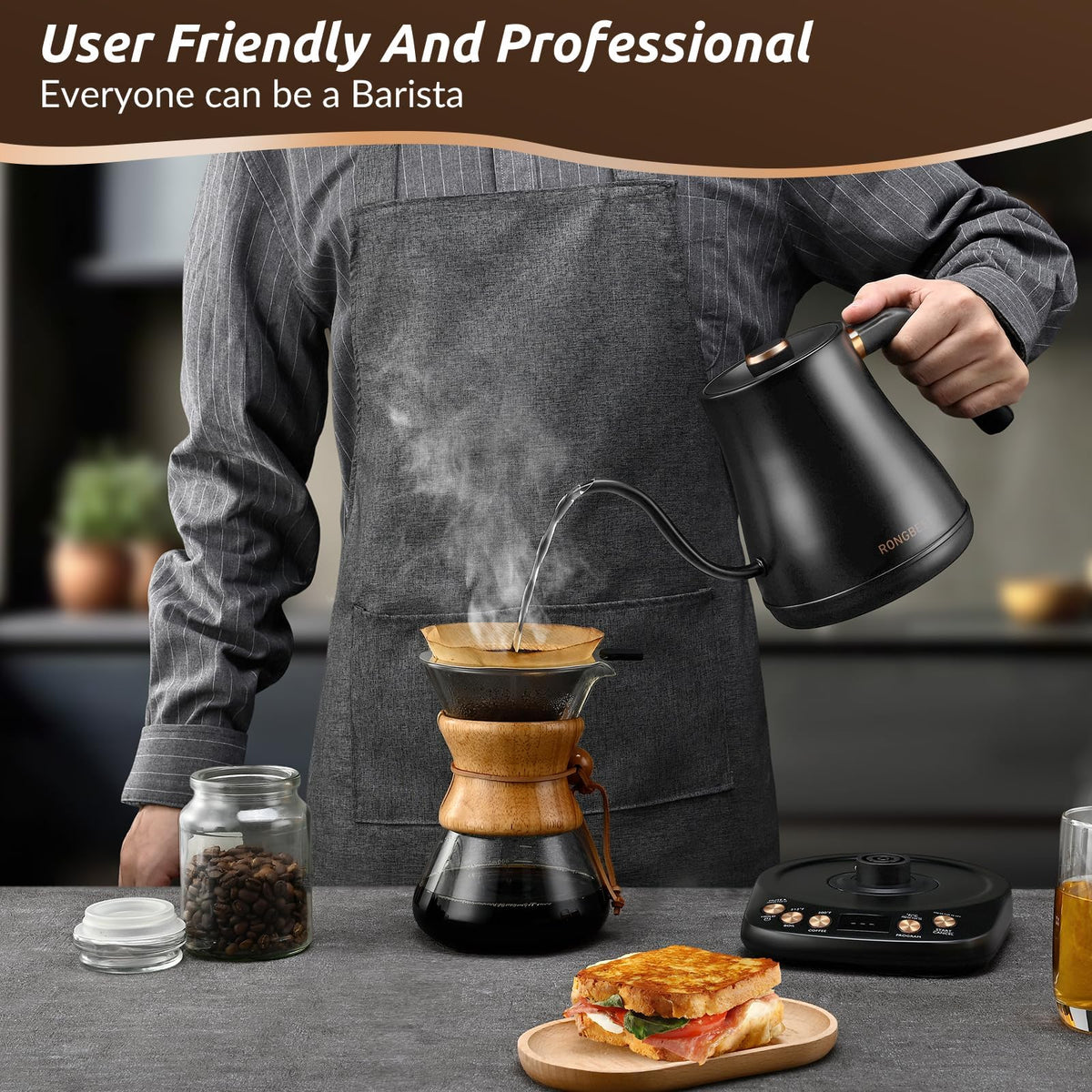 RONGBEST matte black kettle with gooseneck spout enabling controlled pours.
