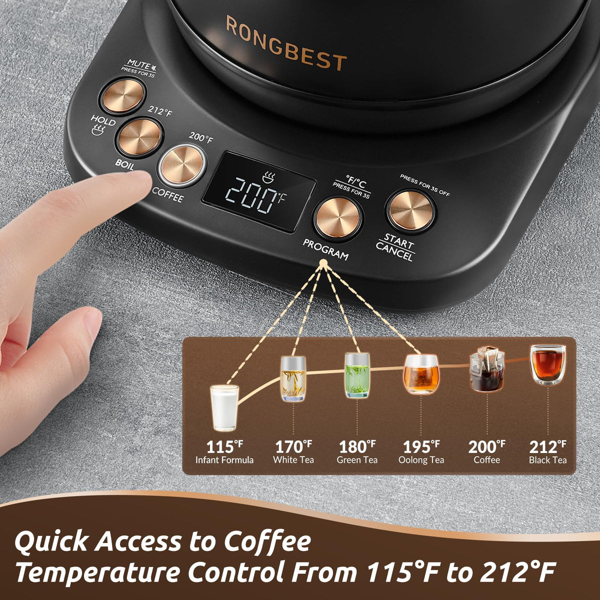 RONGBEST kettle six temperature presets for precise brewing.