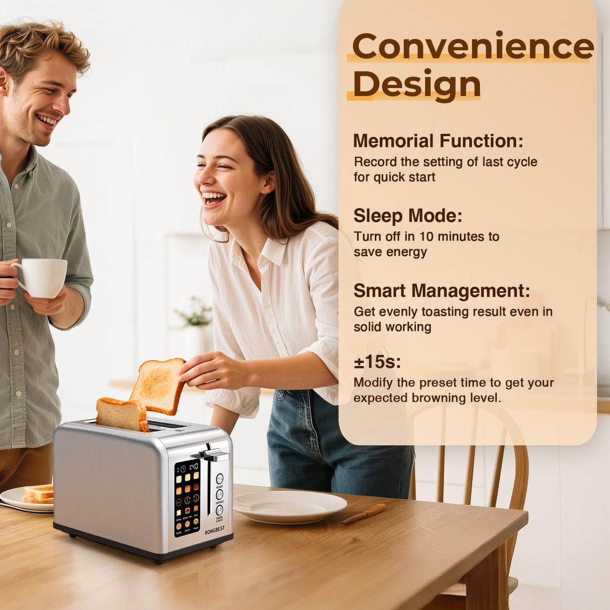 RONGBEST removable crumb tray makes cleanup quick and tidy.