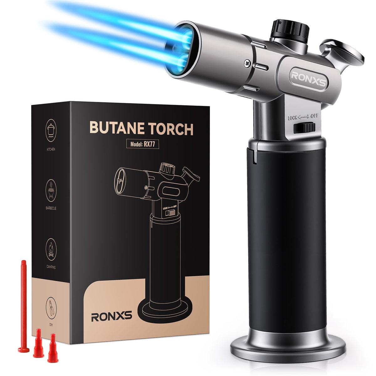 RONXS Torch Lighter with double flame for faster caramelization and searing.