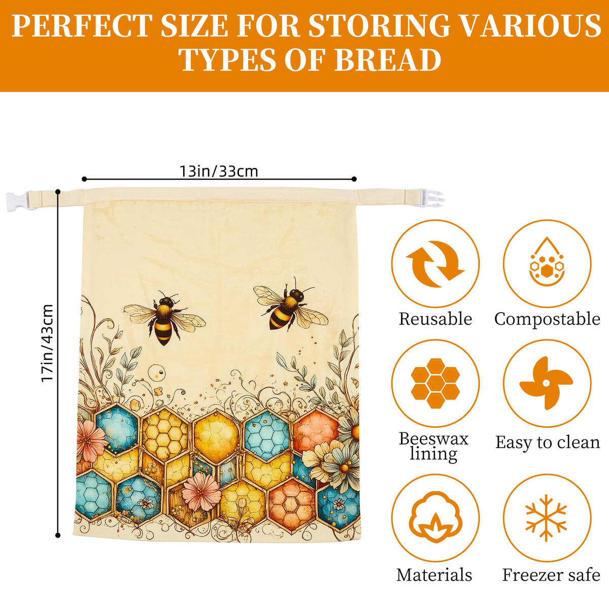Ronxzas Beeswax Bread Bags 13x17 size fits large loaves for versatile storage.