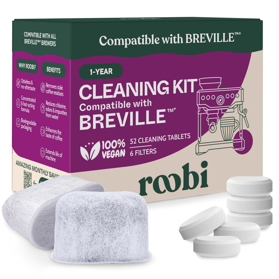 Roobi Breville cleaning tablets tub for fast residue removal inside your espresso machine.