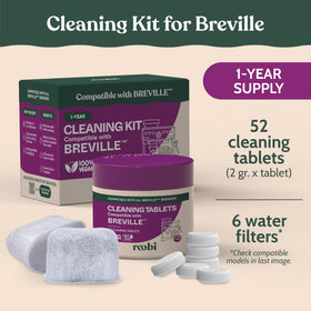 Roobi Breville-compatible espresso cleaner in use for maintenance.