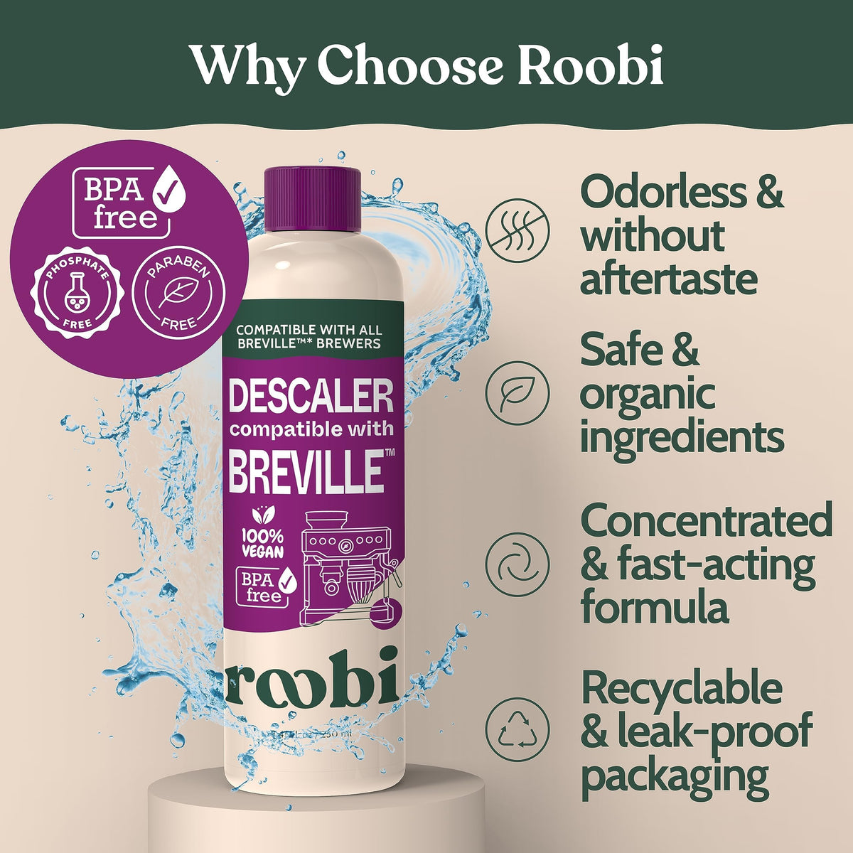 Roobi descaling solution bottle pouring for easy descaling sessions.