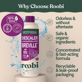 Roobi descaling solution bottle pouring for easy descaling sessions.
