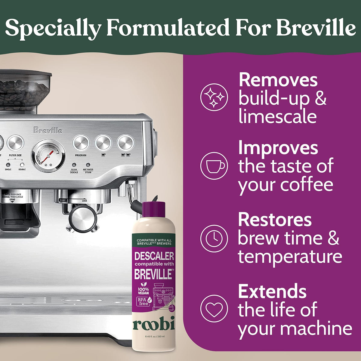 Close-up of Roobi label on bottle highlighting eco-friendly formula for safe maintenance.
