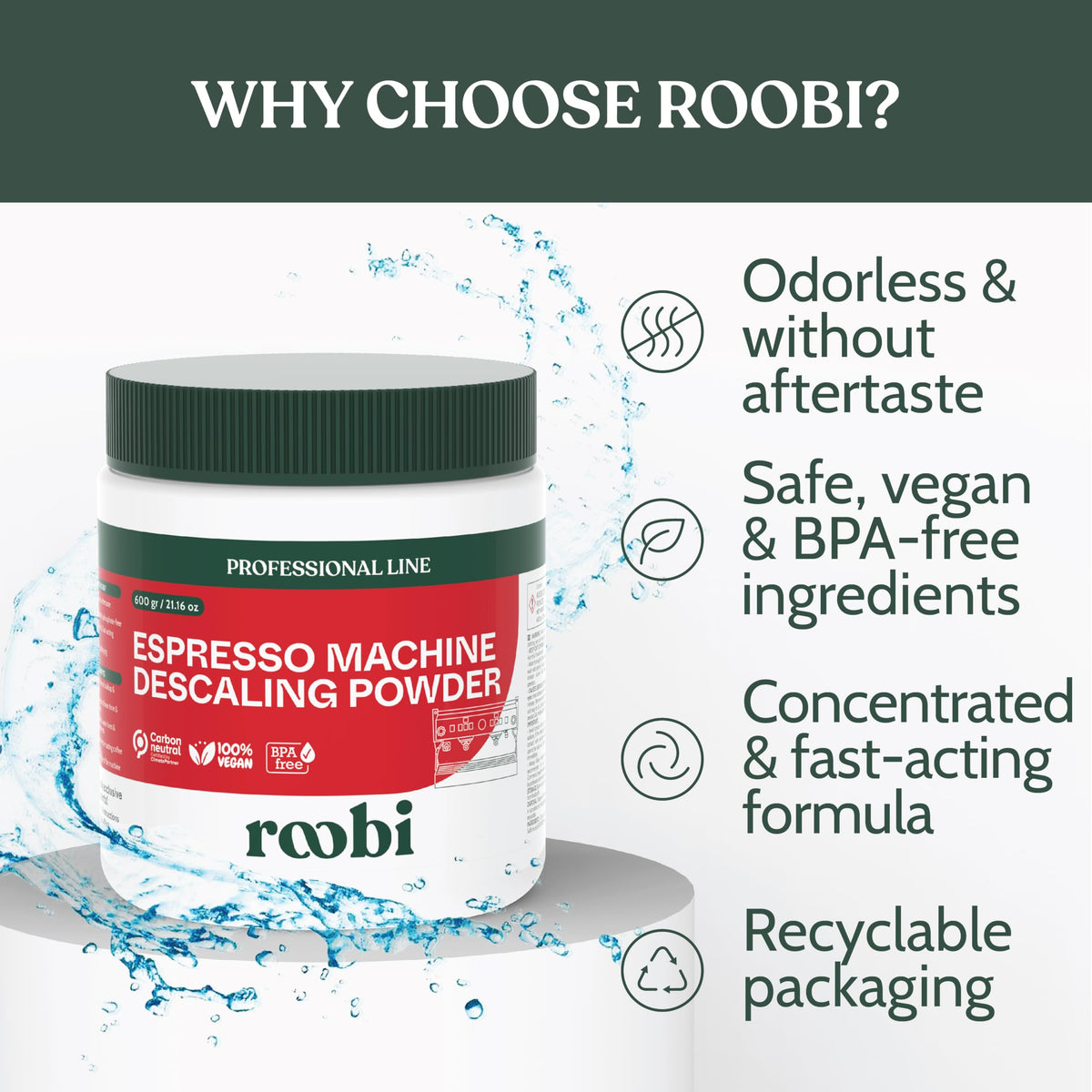 Roobi carbon-neutral packaging promotes sustainability in coffee care.