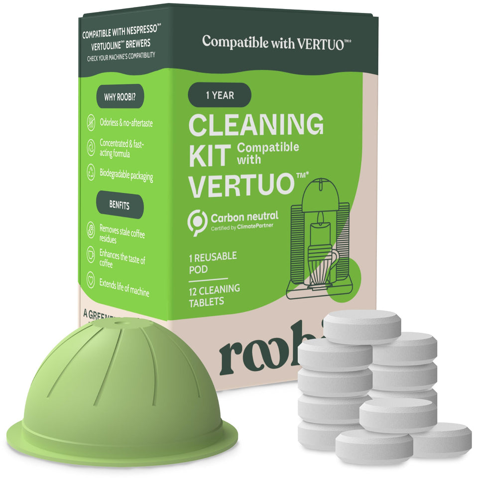 Roobi cleaning kit packaging for VertuoLine supports eco-friendly maintenance