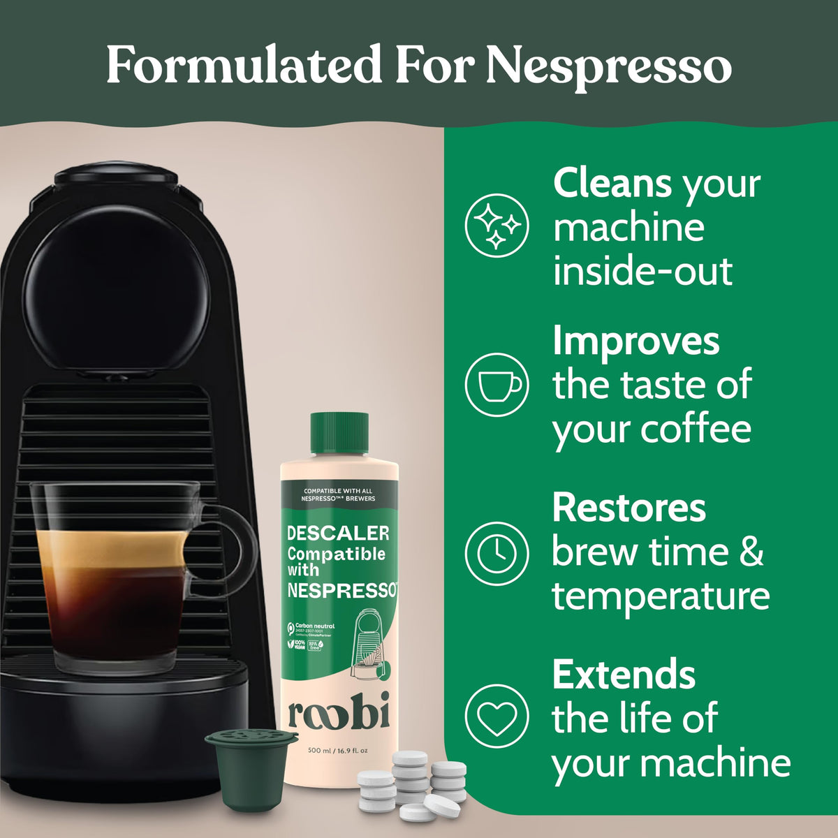 Roobi cleaning tablets pack for Nespresso Originaline removes residue for better flavor