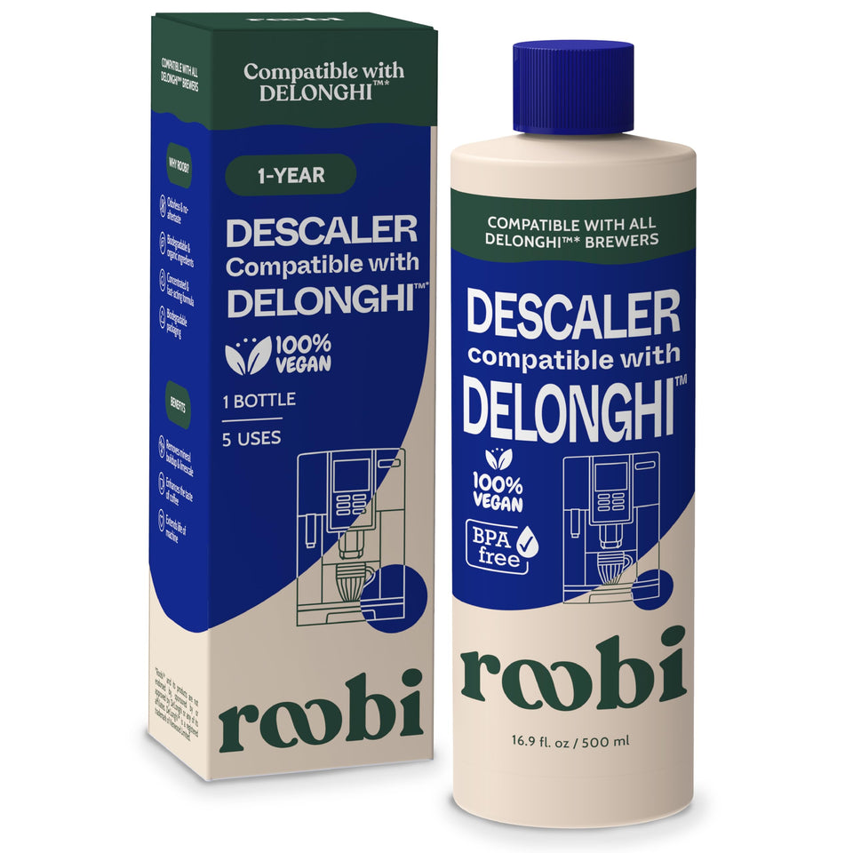 Roobi Delonghi-compatible descaling solution bottle on counter for easy maintenance