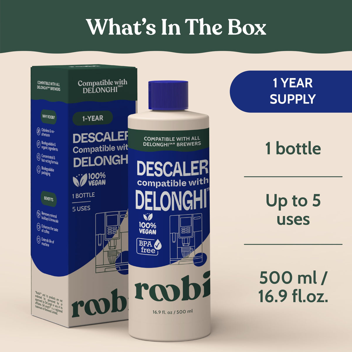 Roobi measuring cap showing five-use design for cost-efficient cleaning