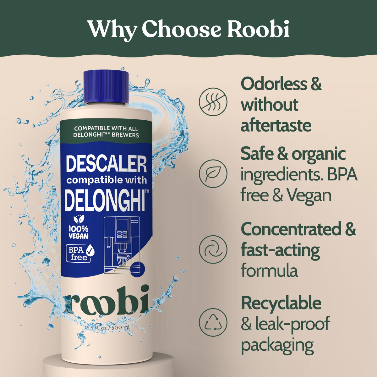 Roobi eco symbol on packaging indicating environmentally safe descaling