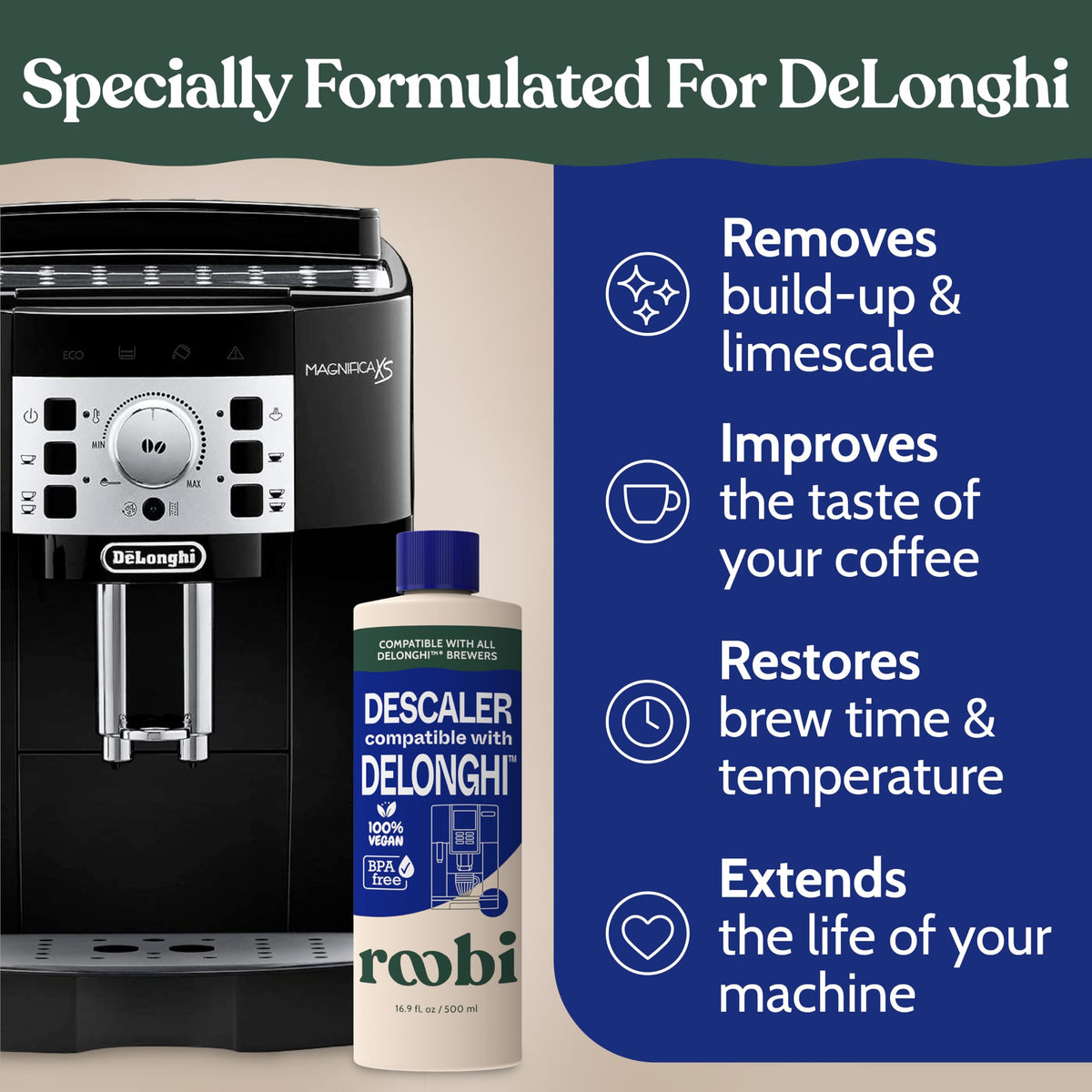 Pour Roobi descaling solution into DeLonghi reservoir to remove mineral buildup