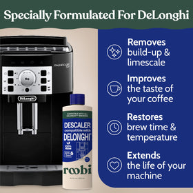 Pour Roobi descaling solution into DeLonghi reservoir to remove mineral buildup