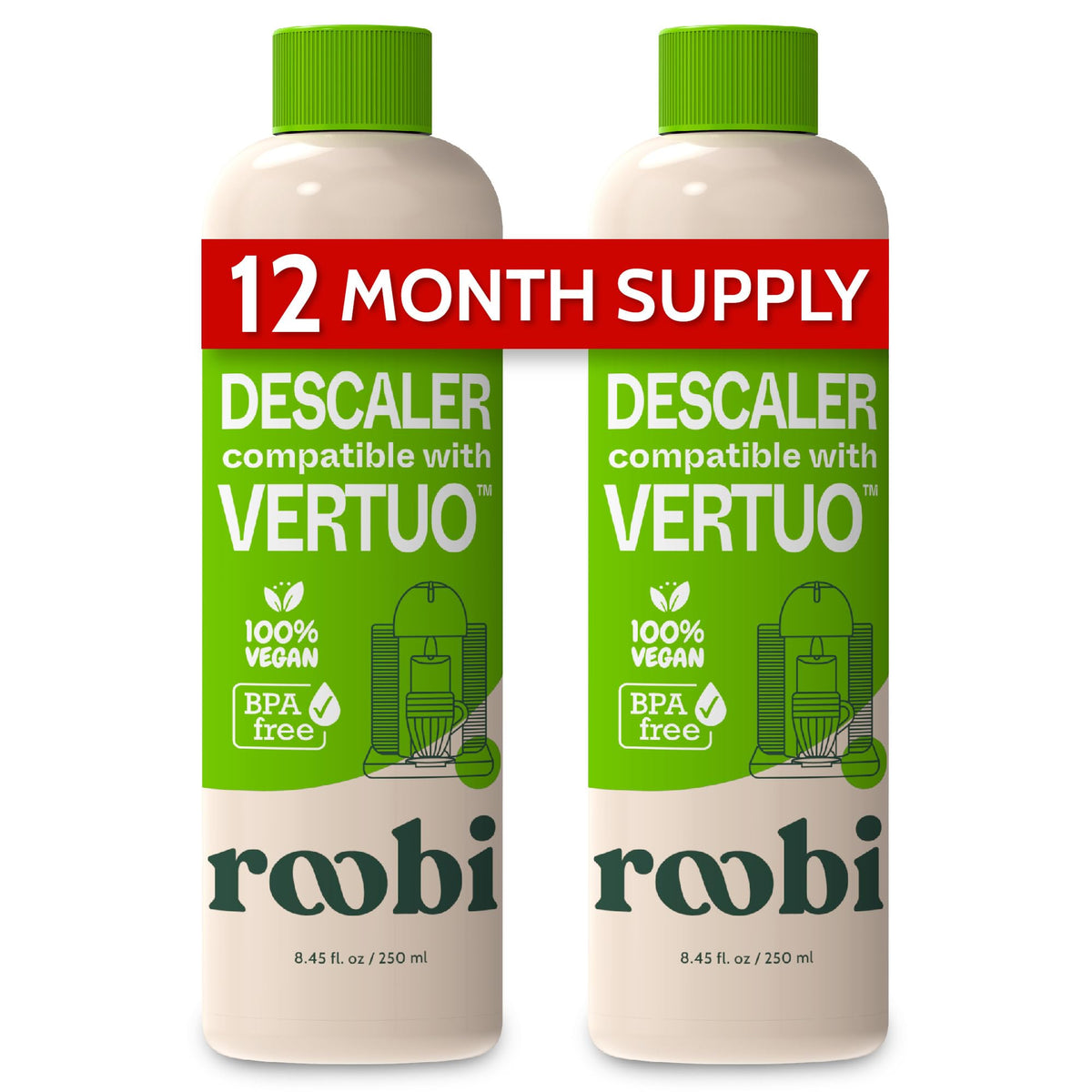 Roobi descaler bottle pour demonstrates easy Vertuo cleaning and mineral removal