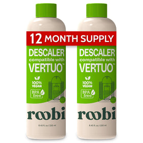 Roobi descaler bottle pour demonstrates easy Vertuo cleaning and mineral removal