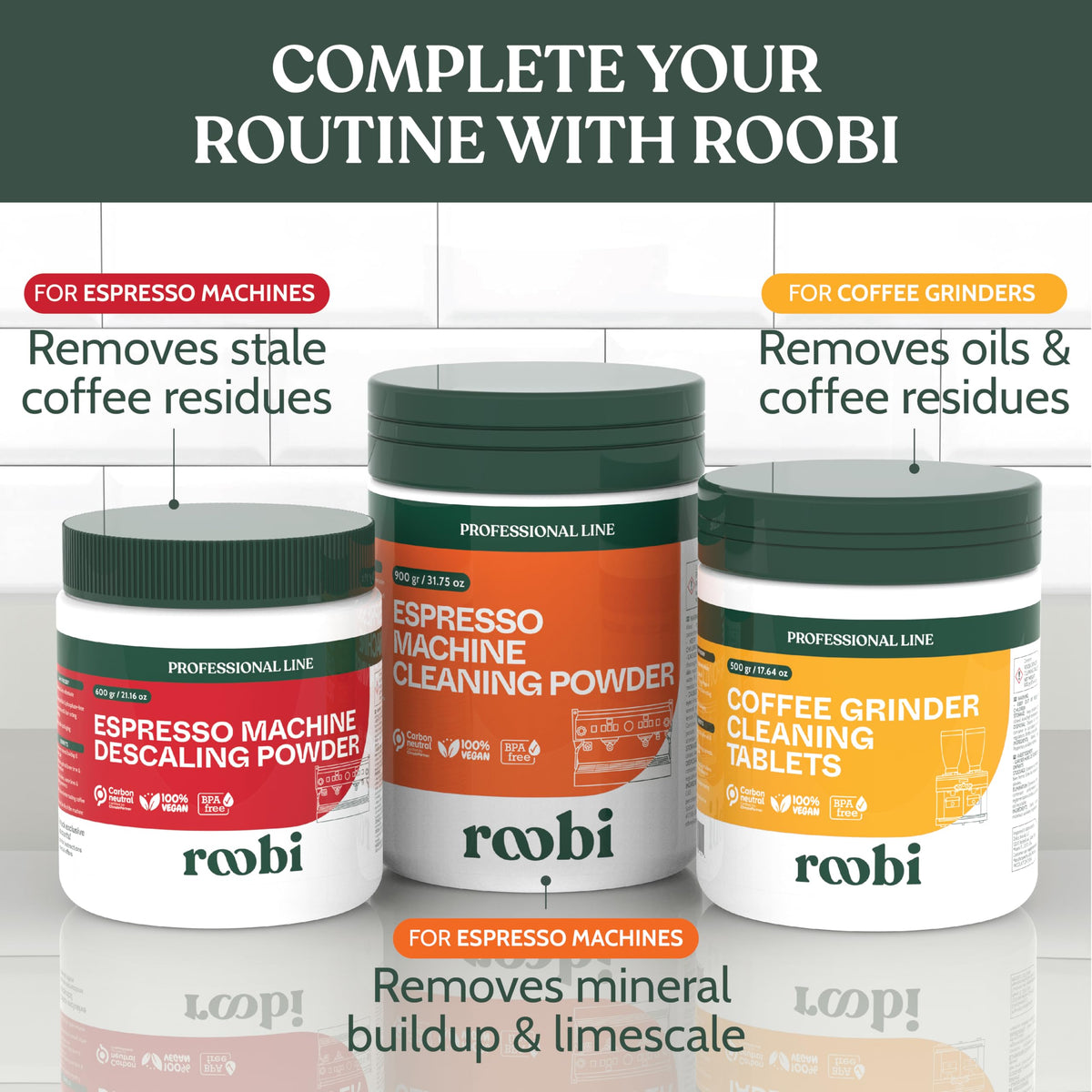 Roobi descaler cleans a coffee machine's boiler and water lines.