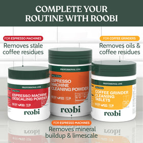 Roobi descaler cleans a coffee machine's boiler and water lines.