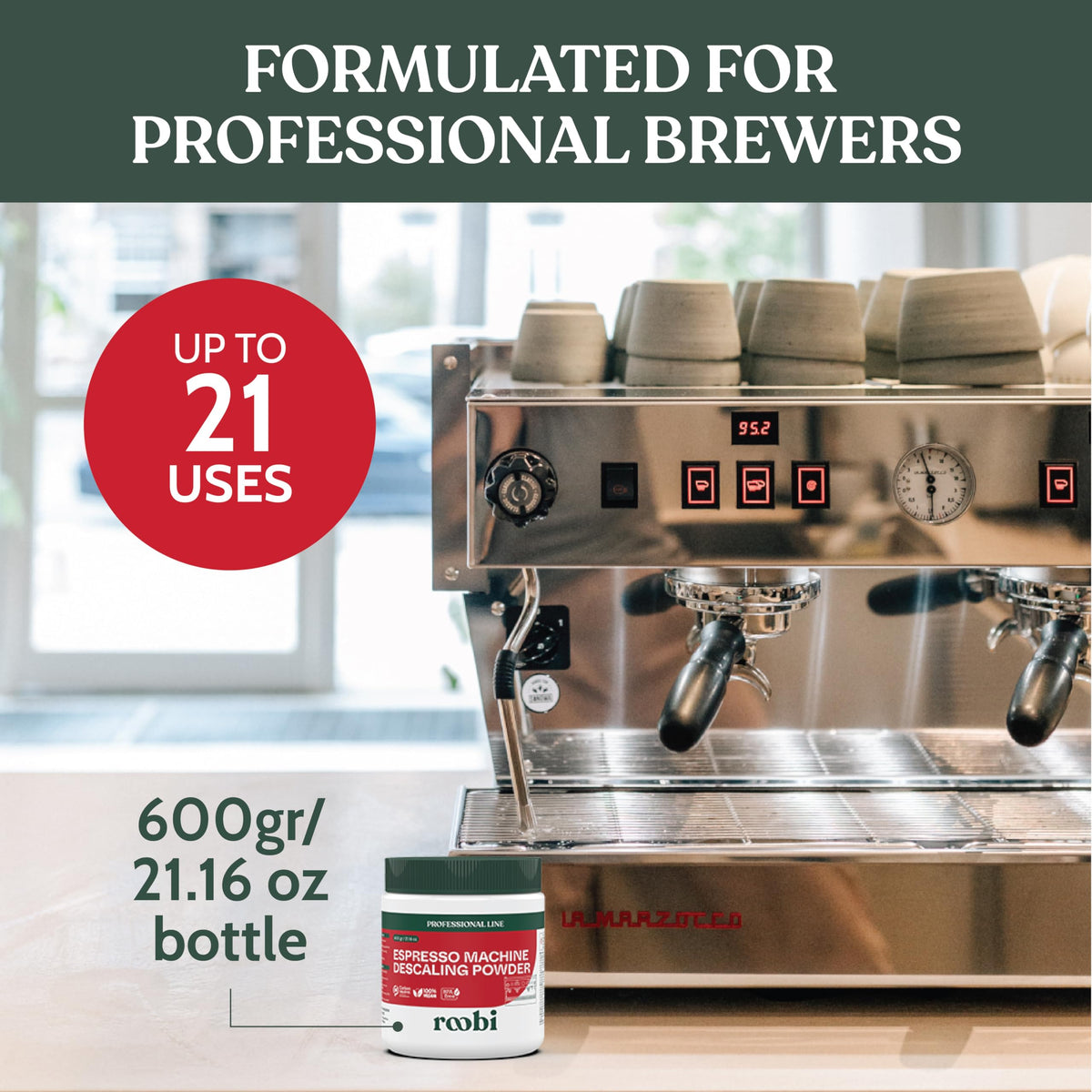 Roobi descaling powder dissolving in hot water removes mineral buildup.