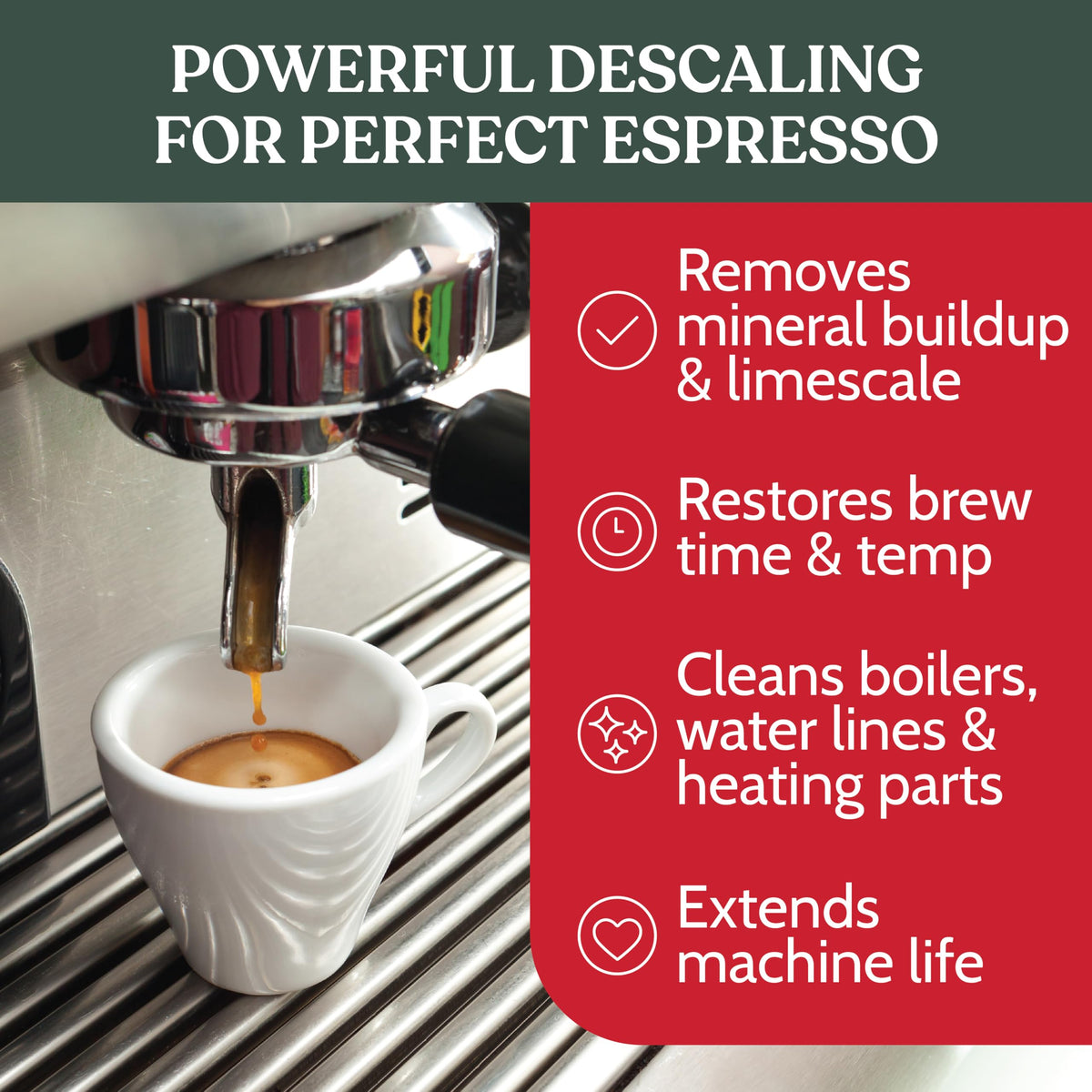 Roobi descaling powder packaging highlights recyclability for eco-friendly use.