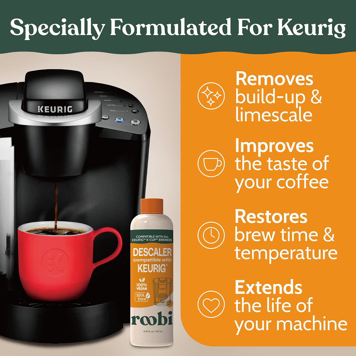 Roobi descaling in-progress inside a Keurig for smoother coffee flavor.