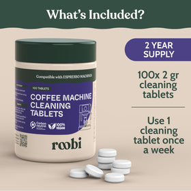 Roobi cleaning tablets in use inside an espresso machine during cleaning