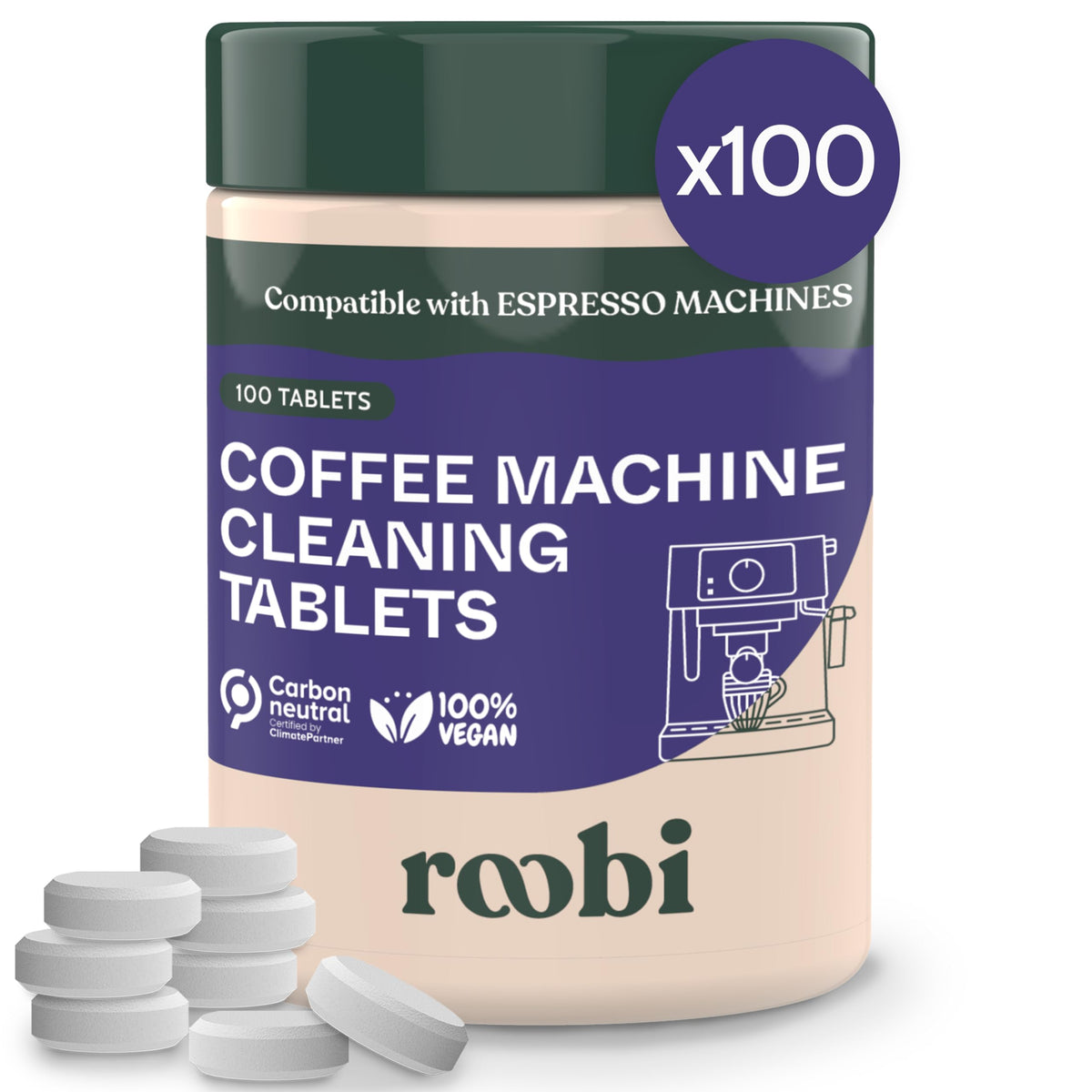 Roobi espresso cleaning tablets packaging front with eco-friendly label