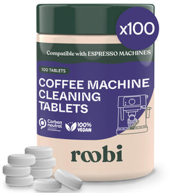 Roobi espresso cleaning tablets packaging front with eco-friendly label