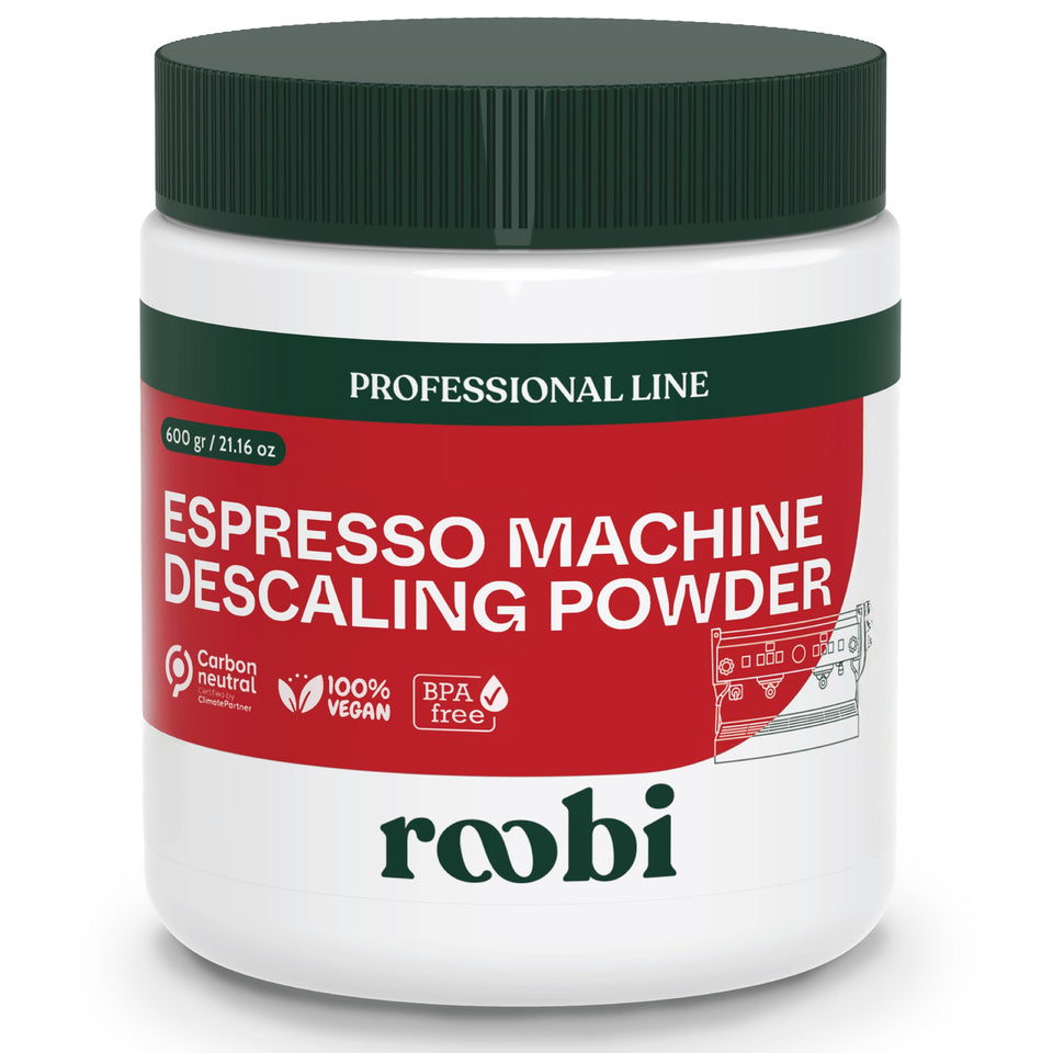 Roobi espresso descaling powder bottle ready for routine maintenance.