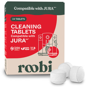 Roobi Jura cleaning tablets box front showing vegan, eco-friendly cleaning for espresso machines.