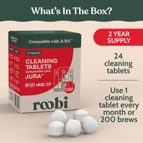 Roobi Jura cleaning tablets dissolving during a cleaning cycle for clean internal paths.
