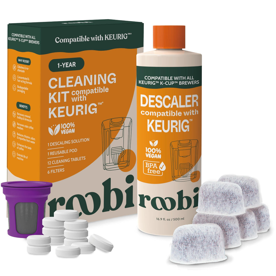 Roobi Keurig descaler bottle removes mineral build-up for a cleaner brew