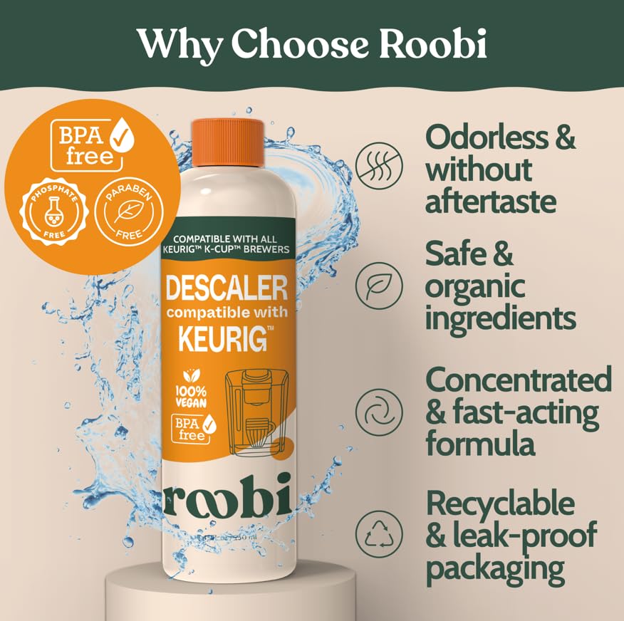 Roobi odor-free formula graphic suggesting a fresh-tasting brew after descaling.