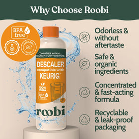 Roobi odor-free formula graphic suggesting a fresh-tasting brew after descaling.