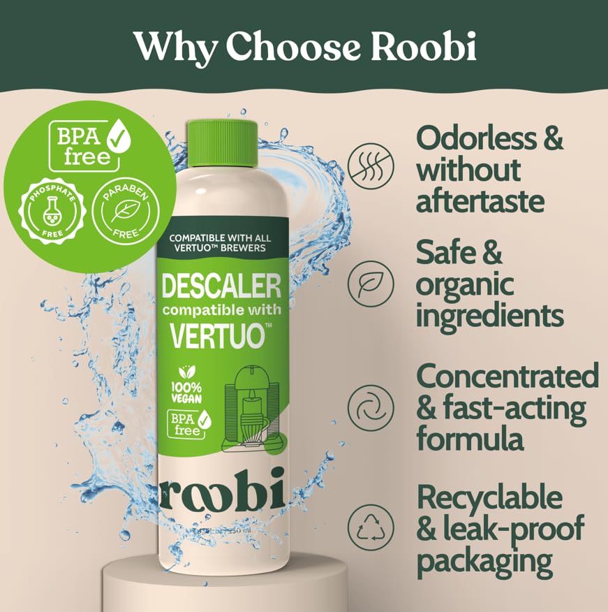 Roobi eco-friendly descaler keeps your machine clean without harsh chemicals.