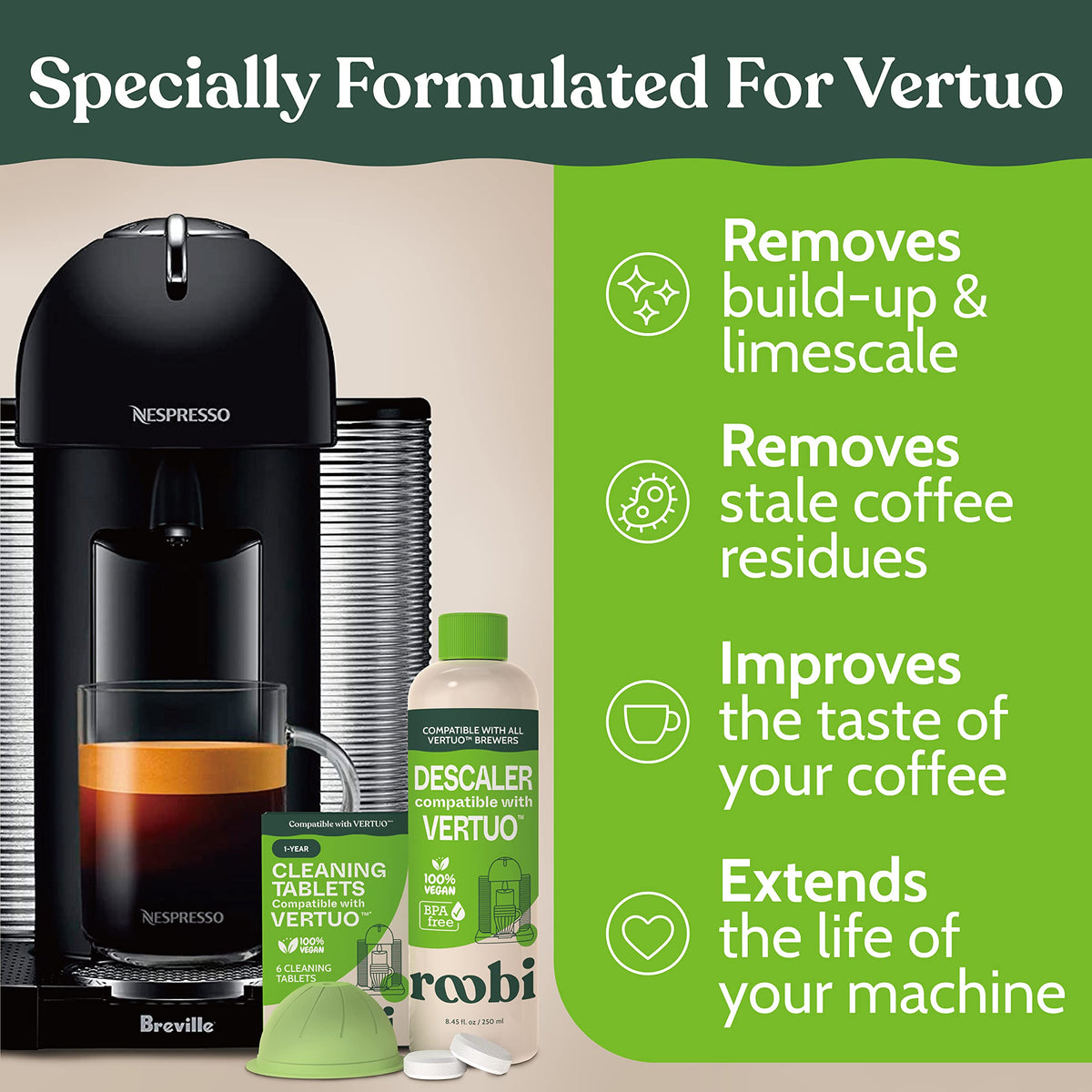 Roobi six-tablets pack supports thorough Vertuo maintenance between uses.