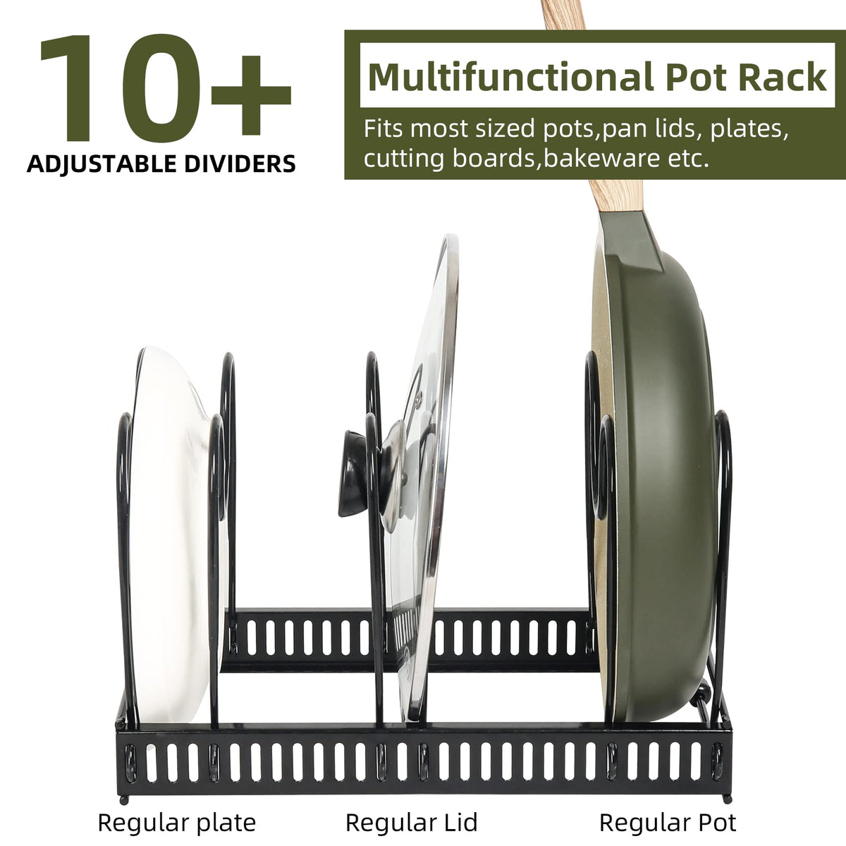 ROOHUA expandable pans rack adjusts to fit various pan sizes in your kitchen.