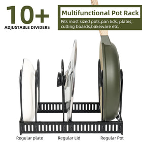 ROOHUA expandable pans rack adjusts to fit various pan sizes in your kitchen.