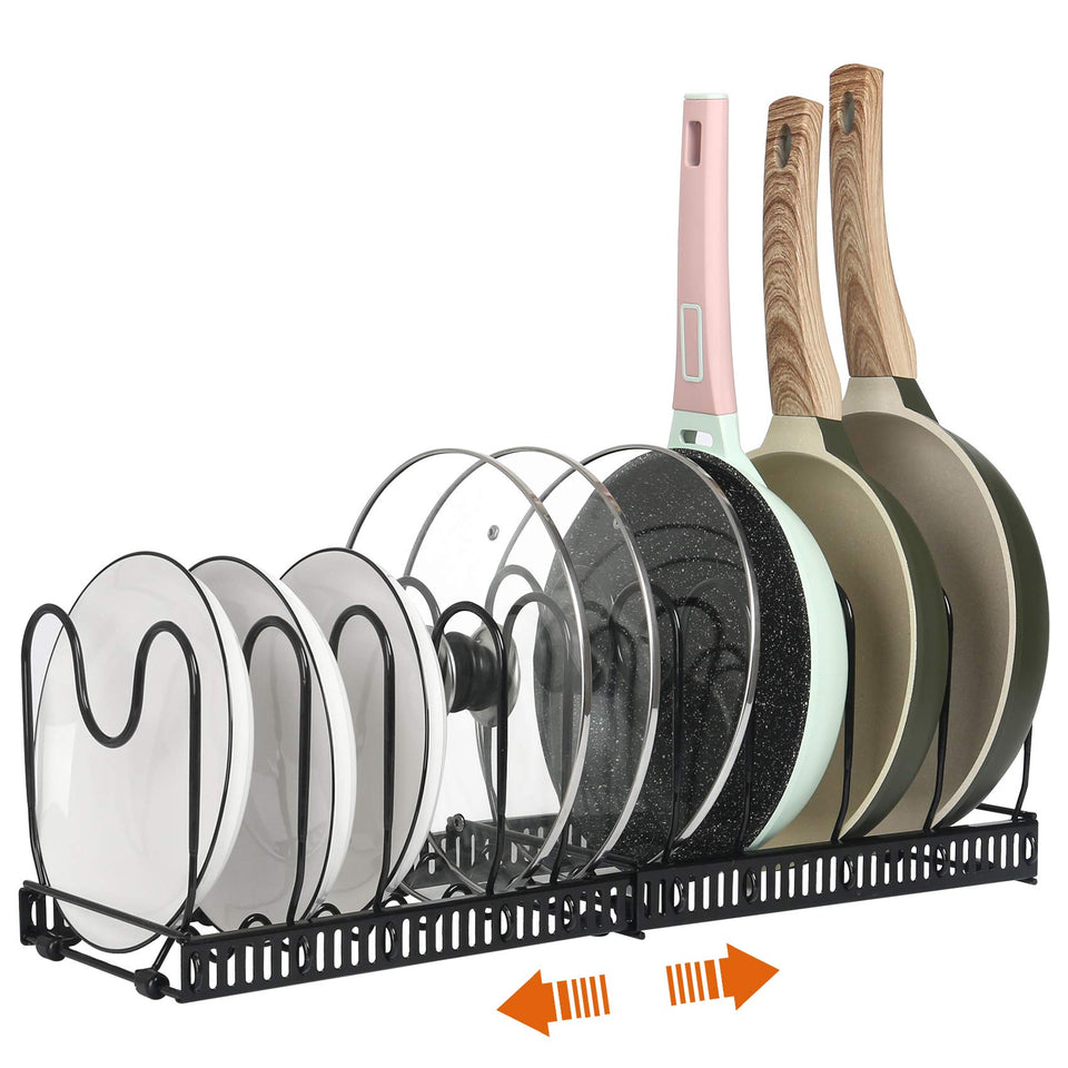 ROOHUA pot rack expands to maximize cabinet space and organize cookware.