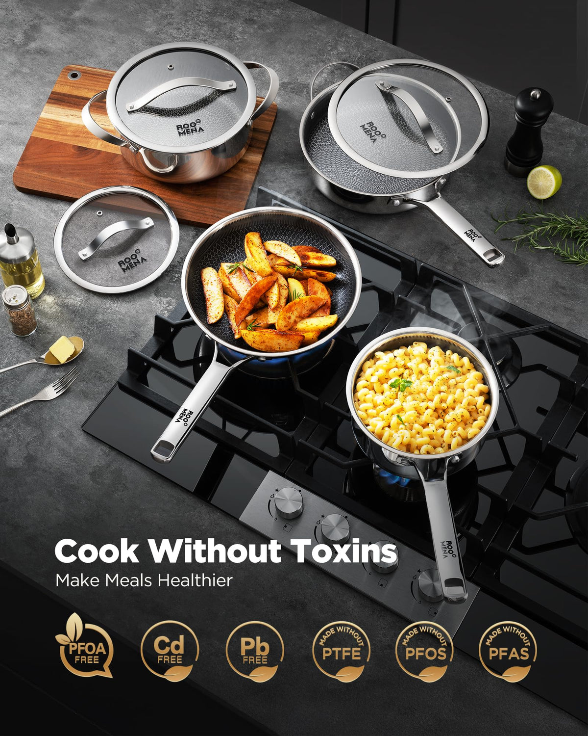 Roomena 12-inch pan with lid delivering even heat and simple simmering.