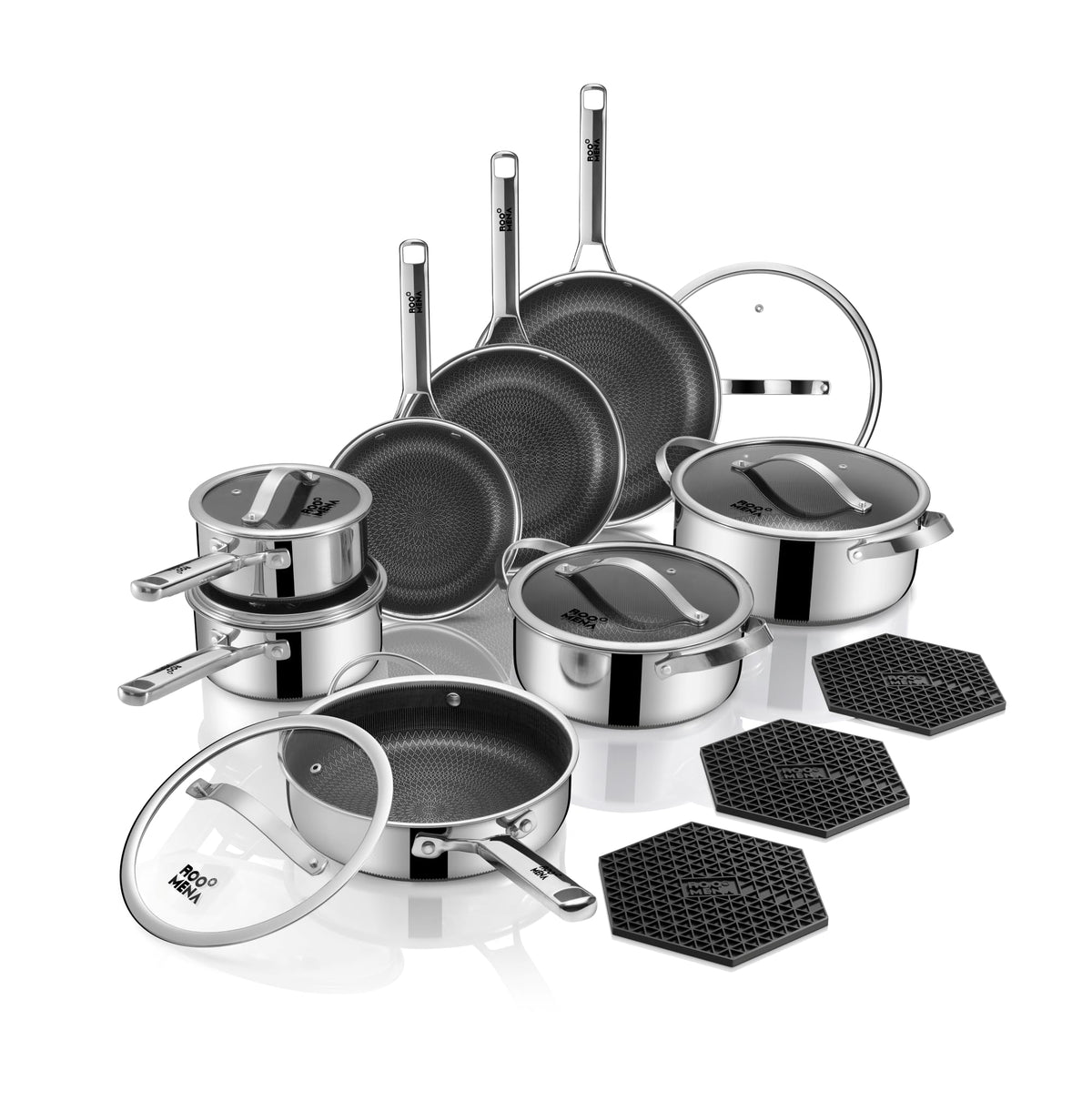 Roomena 17-piece cookware set for versatile home cooking and organized storage.