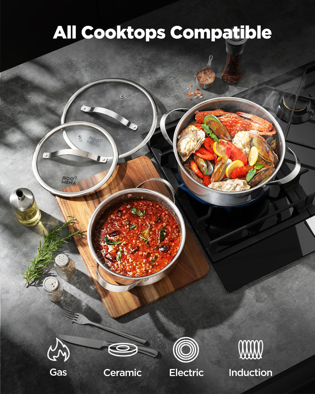 Roomena 3qt sauté pan with lid ideal for sautéing and flavor development.